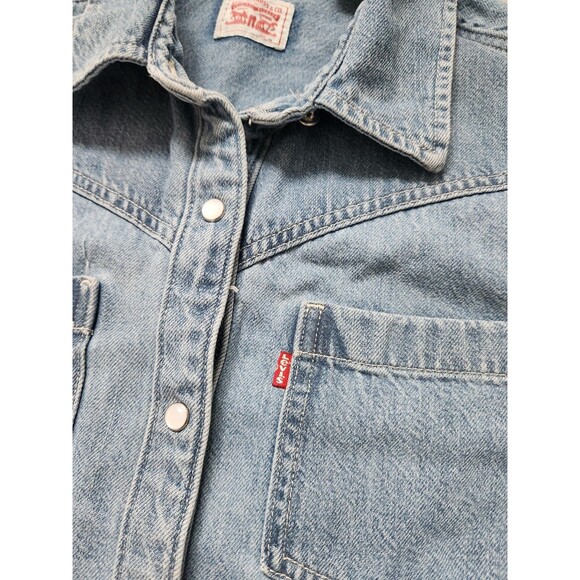 Levi's Louisa Denim Dress Womens S Blue Short Sleeve Pearl Snap Pockets Relaxed - Picture 4 of 10